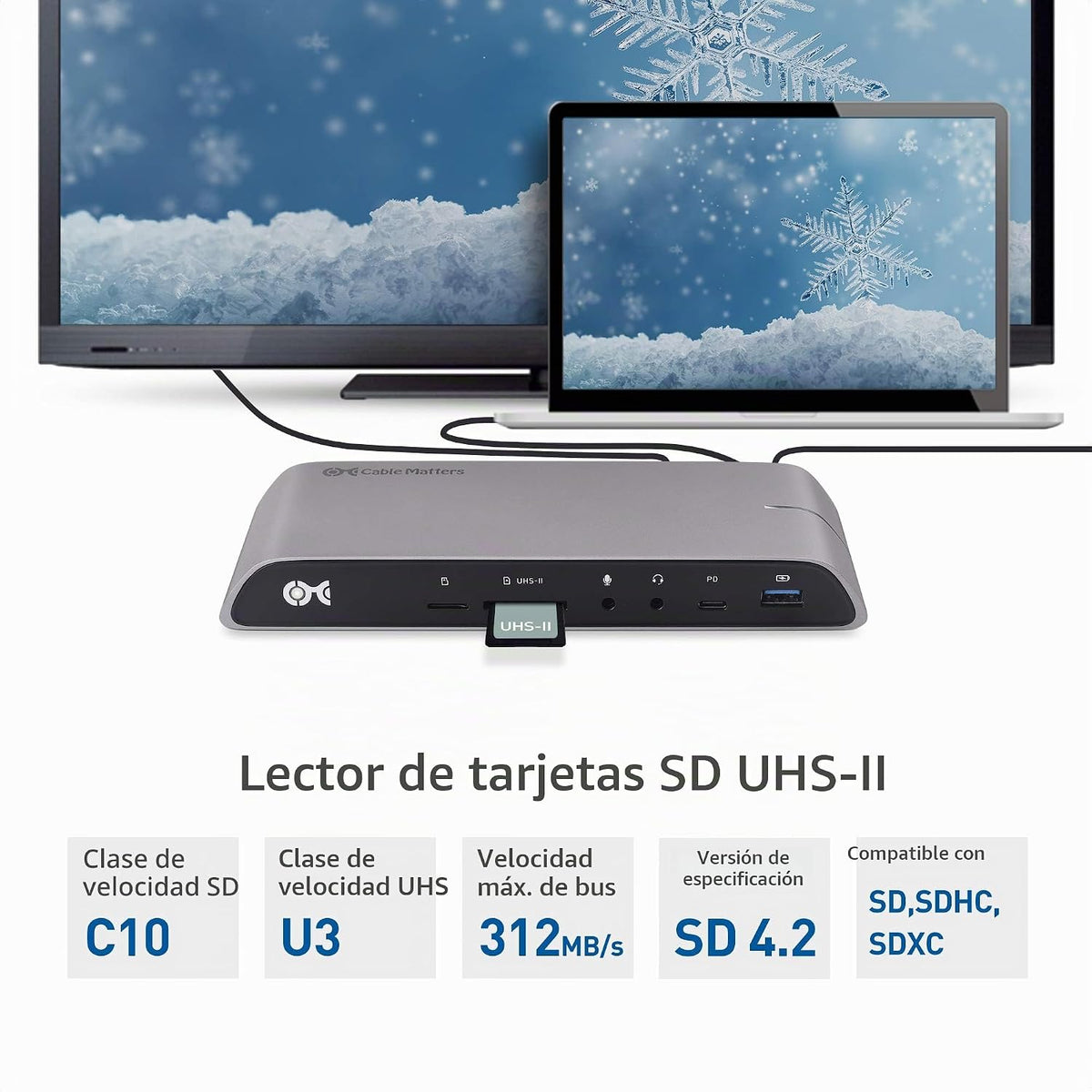 Cable Matters Base USB-C para Windows, DisplayPort dual 4K, carga de 80 W