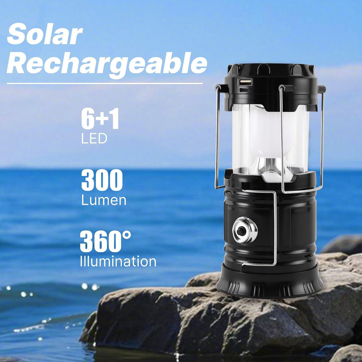 Lámpara Lichamp Linterna solar plegable portátil para campamento, linterna LED recargable por USB, kits de supervivencia para cortes de energía, suministros de huracán, emergencia, interior y exterior