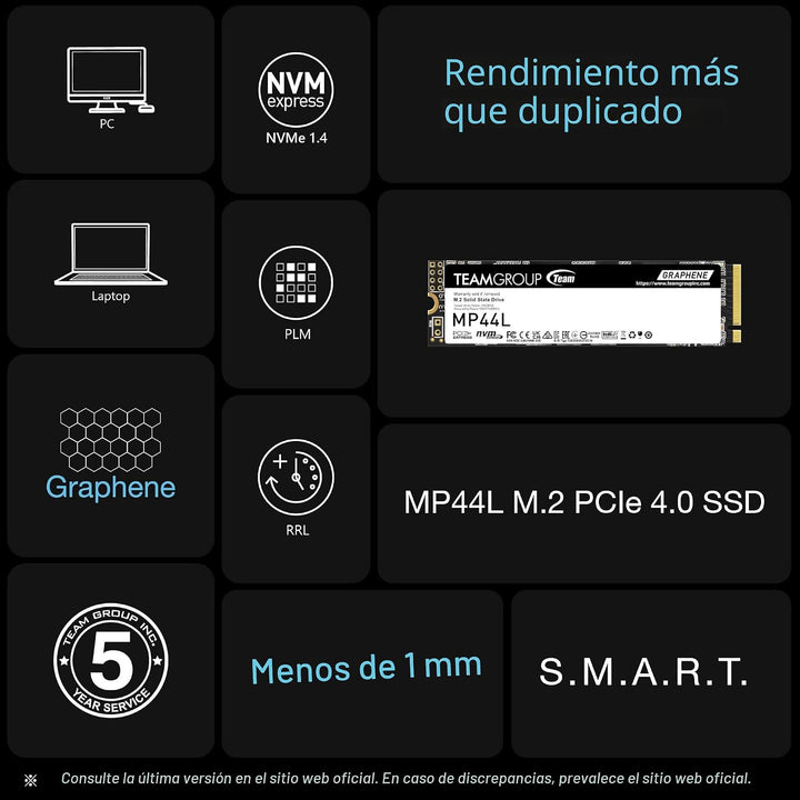 TEAMGROUP TM8FPK500G0C101 - Unidad de estado sólido SSD MP44L de 50...