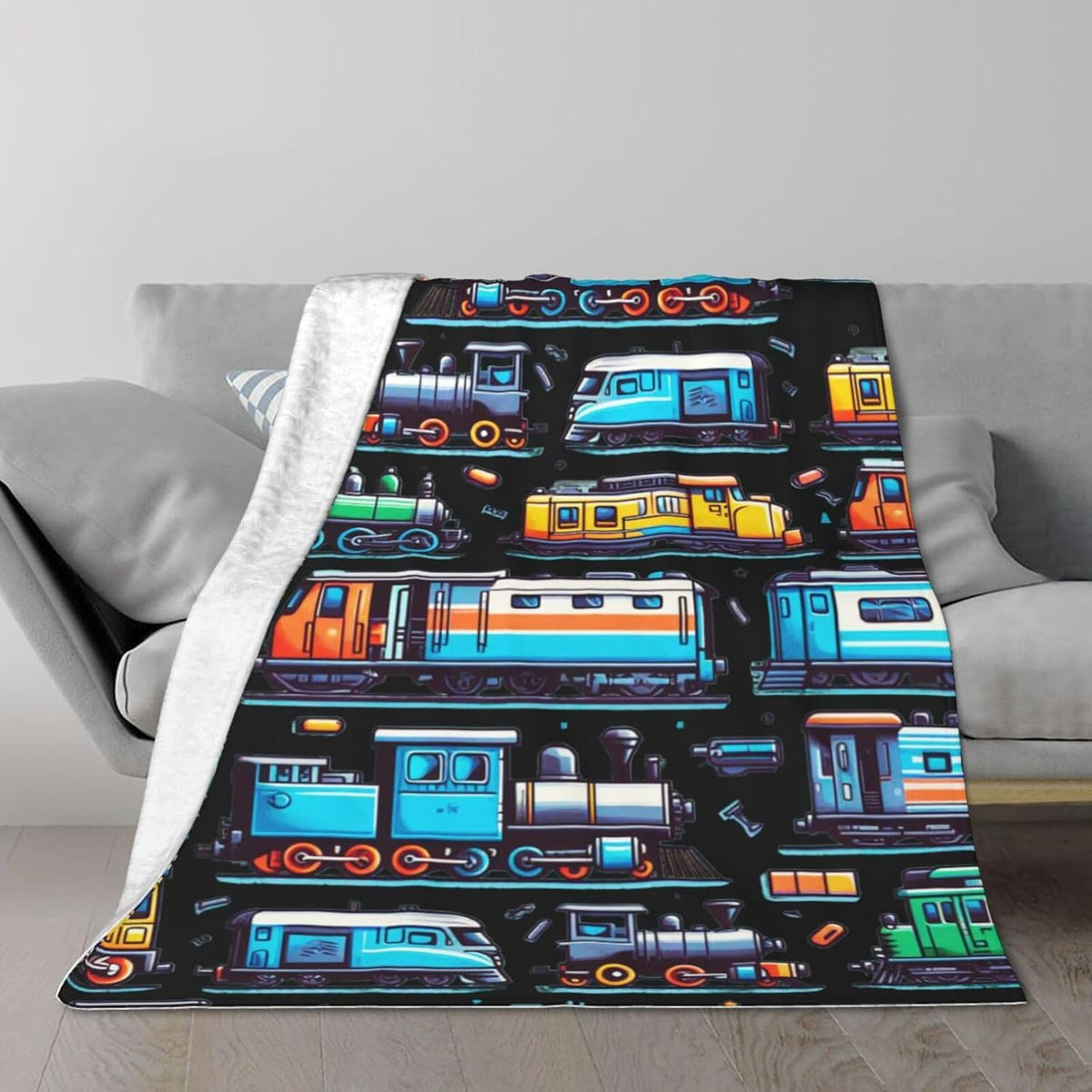 Manta con temática de trenes, 127 x 102 cm de franela, linda manta de trenes rellena, manta suave para siesta, mantas para la casa para niños, niñas, mujeres, amantes de los trenes
