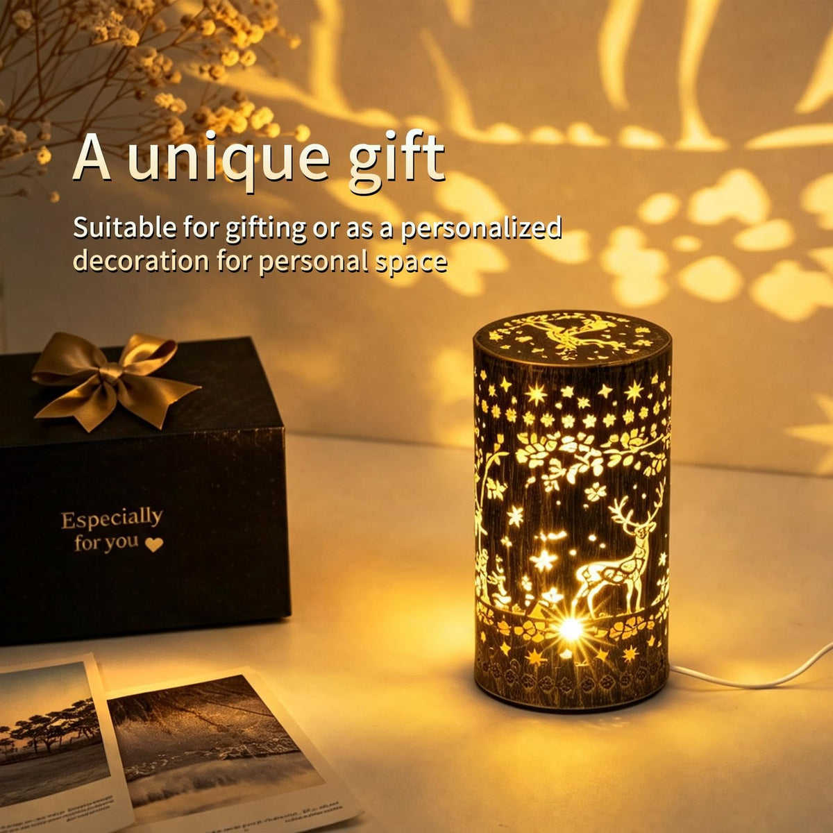 Lámpara Lámpara de mesa de metal LED Tallado Proyector Luz nocturna