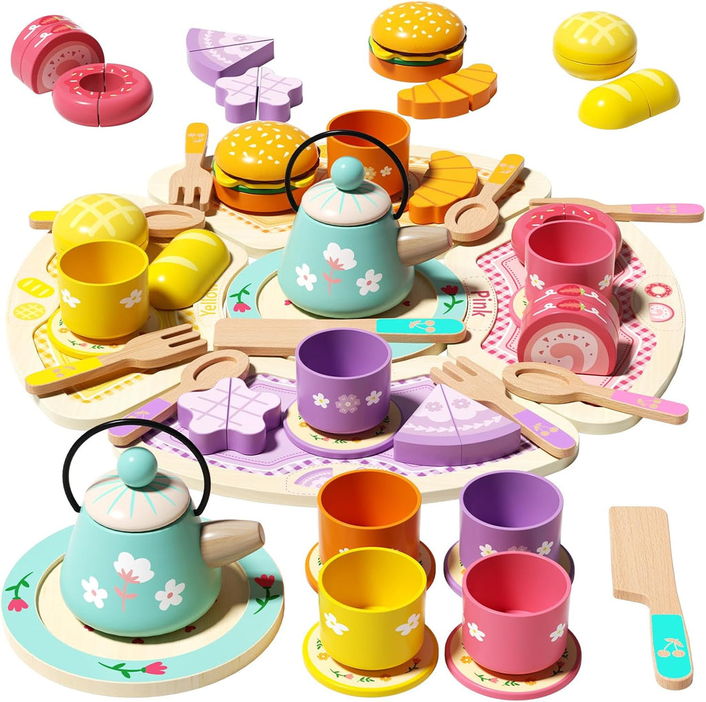 JAUNTY Tea Party Set Toy para Girl 3 4 5 Years Old, Wooden Pretend Play Kitchen Toy Food para 3 Year Old Little Girls , Great Educational 1st Birthday para 3-5 Toddler Girls Boys