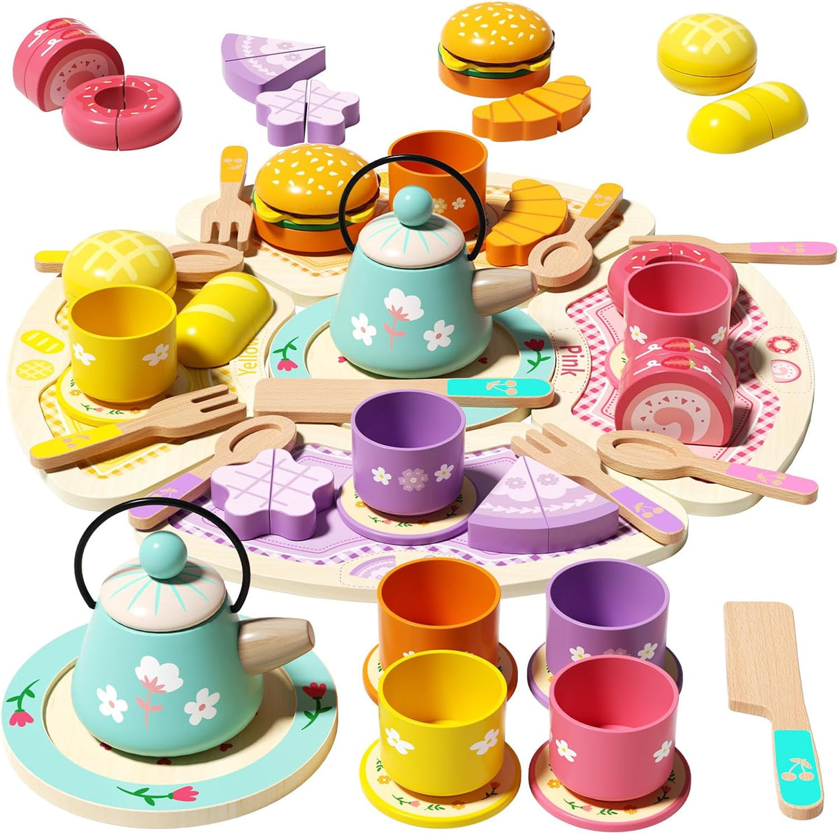 JAUNTY Tea Party Set Toy para Girl 3 4 5 Years Old, Wooden Pretend Play Kitchen Toy Food para 3 Year Old Little Girls , Great Educational 1st Birthday para 3-5 Toddler Girls Boys