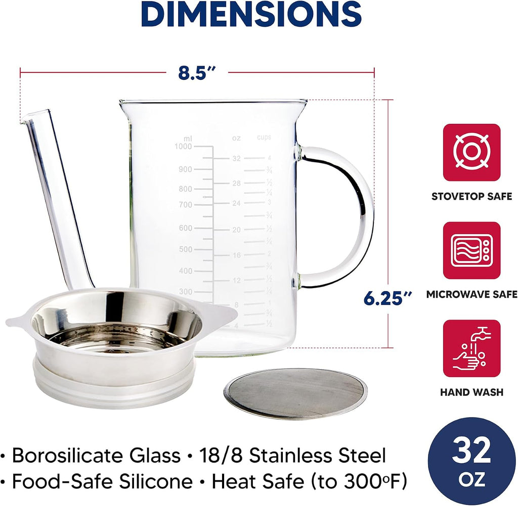 HIC Kitchen Colador de salsa separador de grasa para asar, vidrio de borosilicato, 32 onzas, para preparación y servir comidas navideñas sin estrés