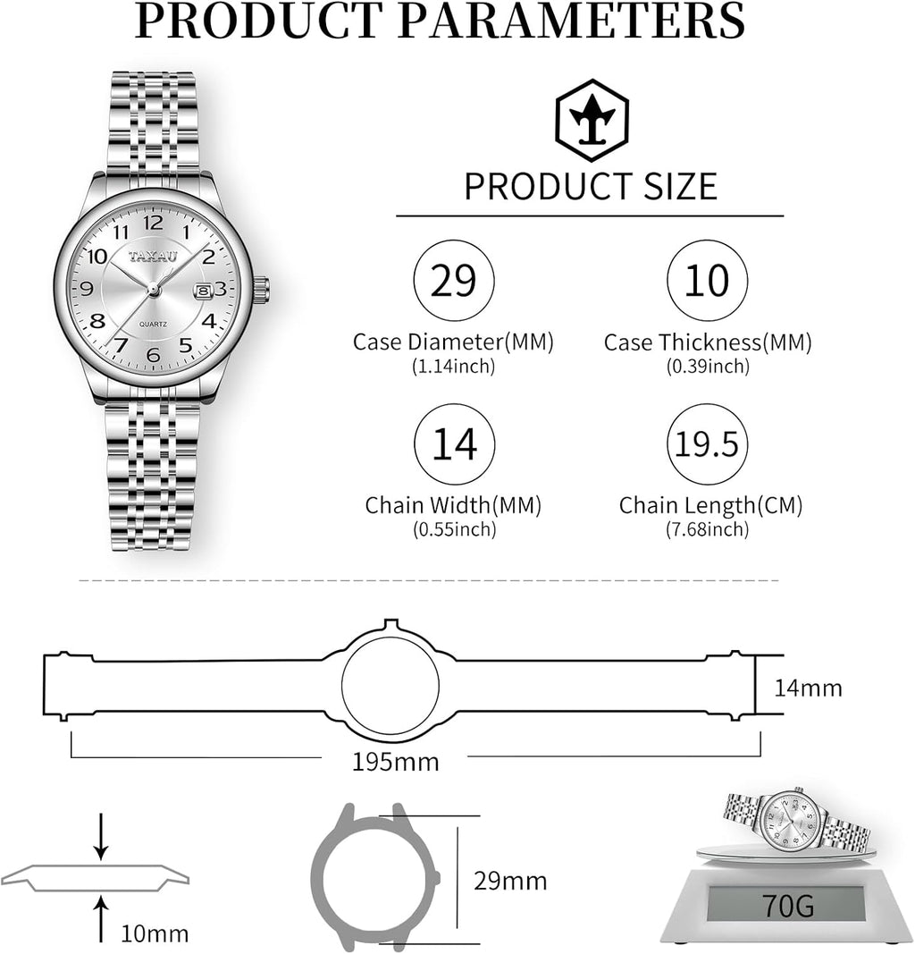 Reloj de Mujer Elegante Analógico a Cuarzo con Carga de Fecha, Números Arábigos Grandes, Impermeable, Dos Tonos, Acero Inoxidable, Pequeño, Reloj de Muñeca