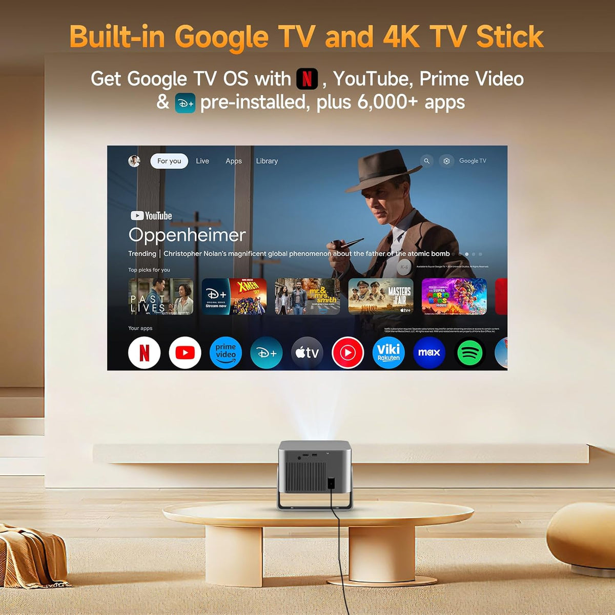 Proyector inteligente con Google TV, soporte 4K mini proyector port...