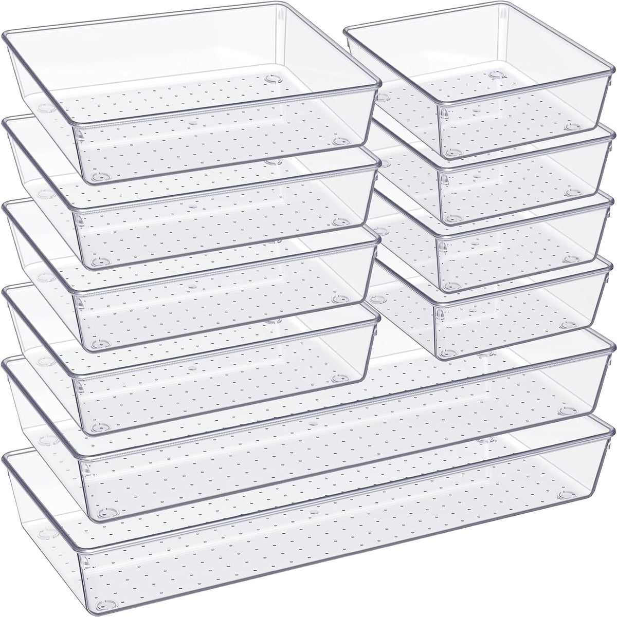 Organizador de Cajones, Pack de 10 Grandes Plásticos Transparentes, 3 Tamaños Versátiles Organizadores de Baño y Tocador, Bandejas de Almacenaje para Maquillaje, Dormitorio, Utensilios de Cocina