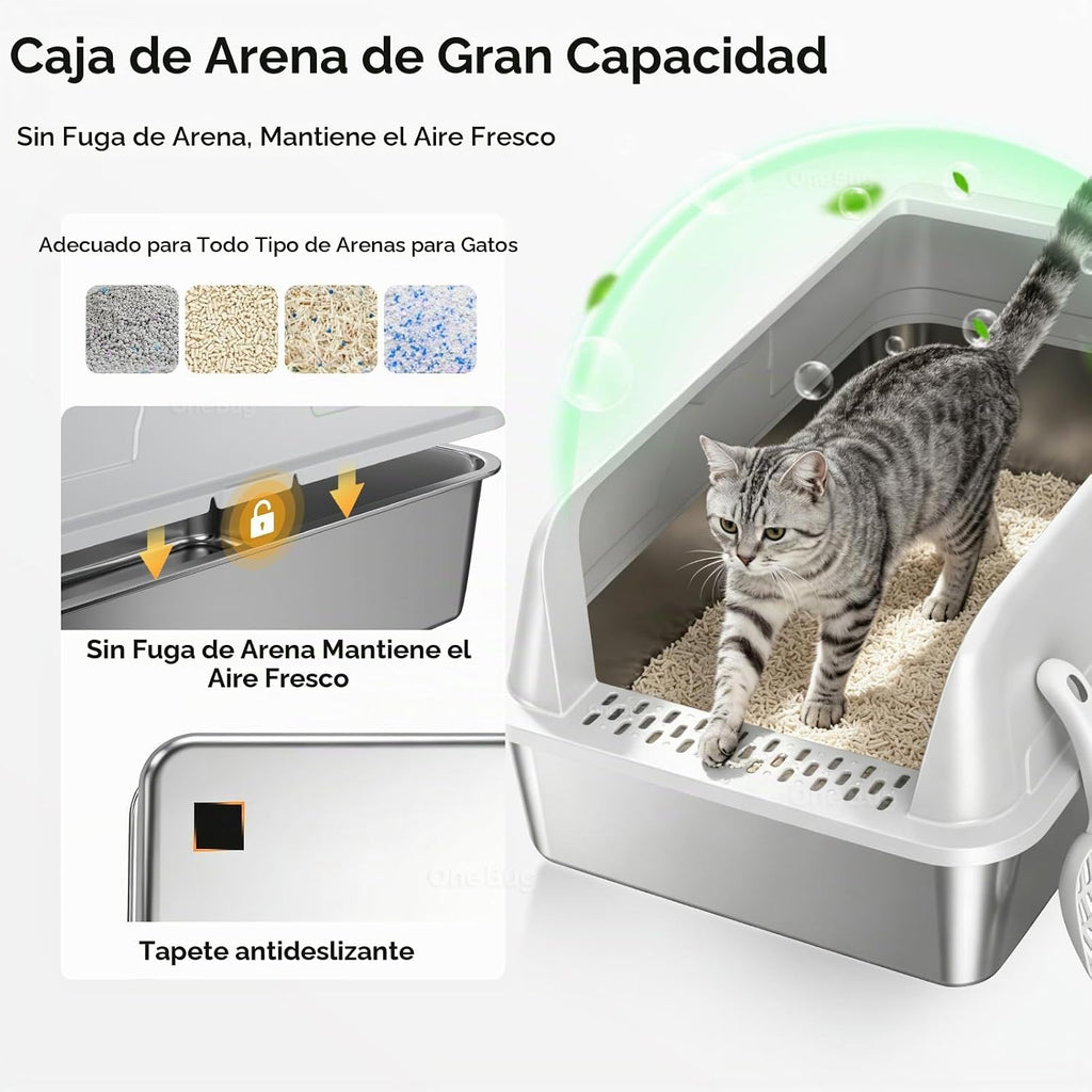 Caja de arena para gatos XL de acero inoxidable de alta cara para