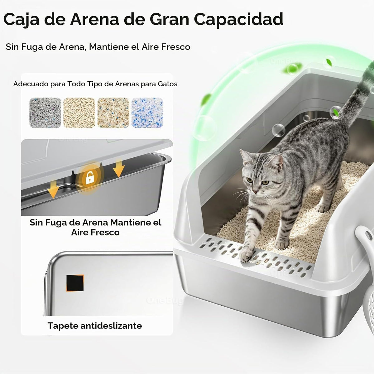 Caja de arena para gatos XL de acero inoxidable de alta cara para