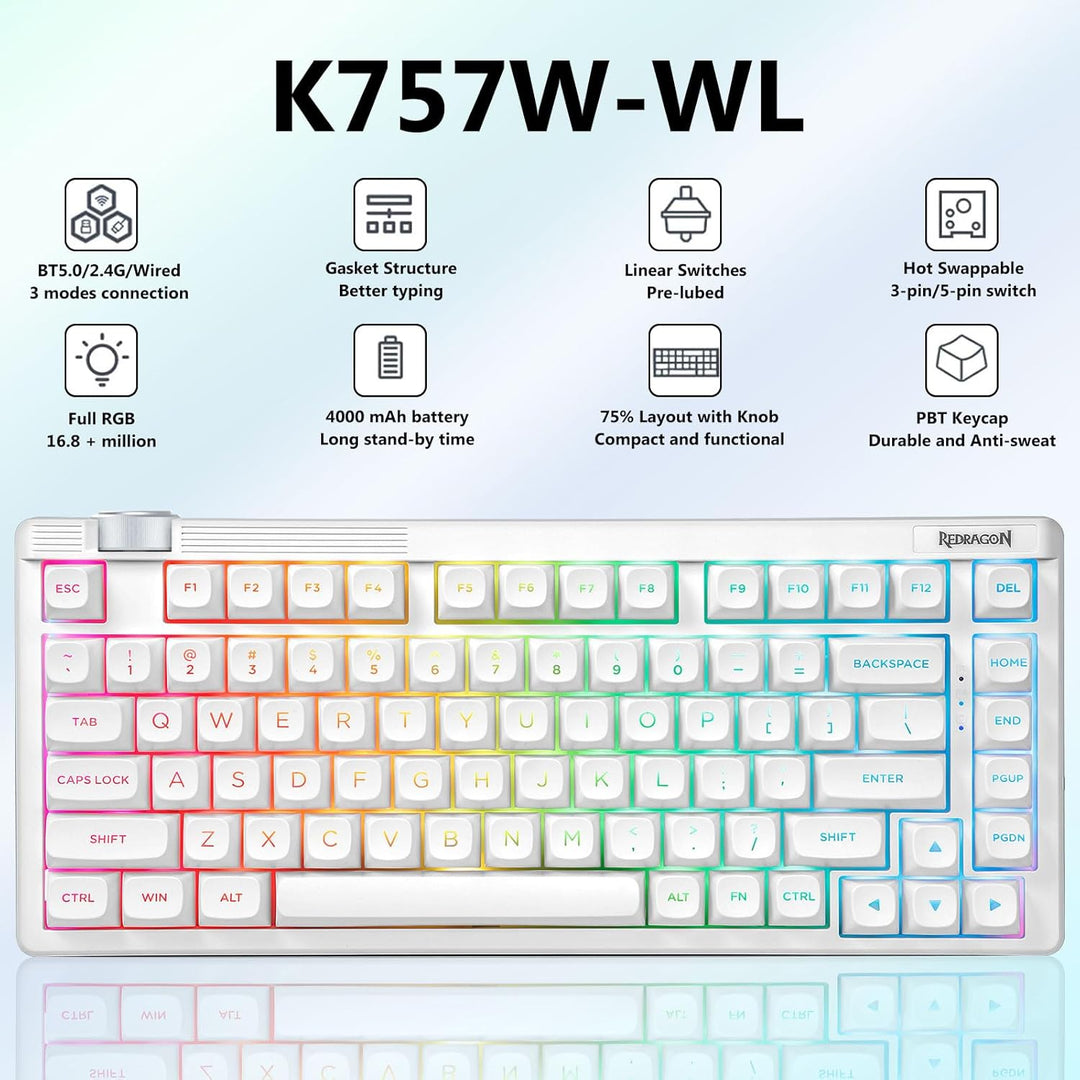 Redragon Teclado mecánico inalámbrico color crema, Bluetooth\/2.4GH...
