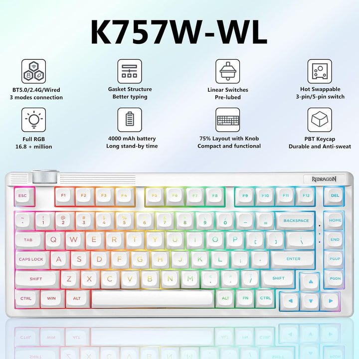 Redragon Teclado mecánico inalámbrico color crema, Bluetooth\/2.4GH...
