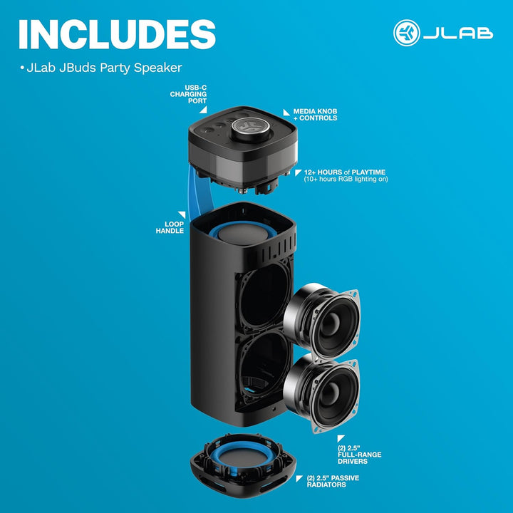 JLab JBuds Party - Altavoz Bluetooth Portátil, 2 Controladores de R...