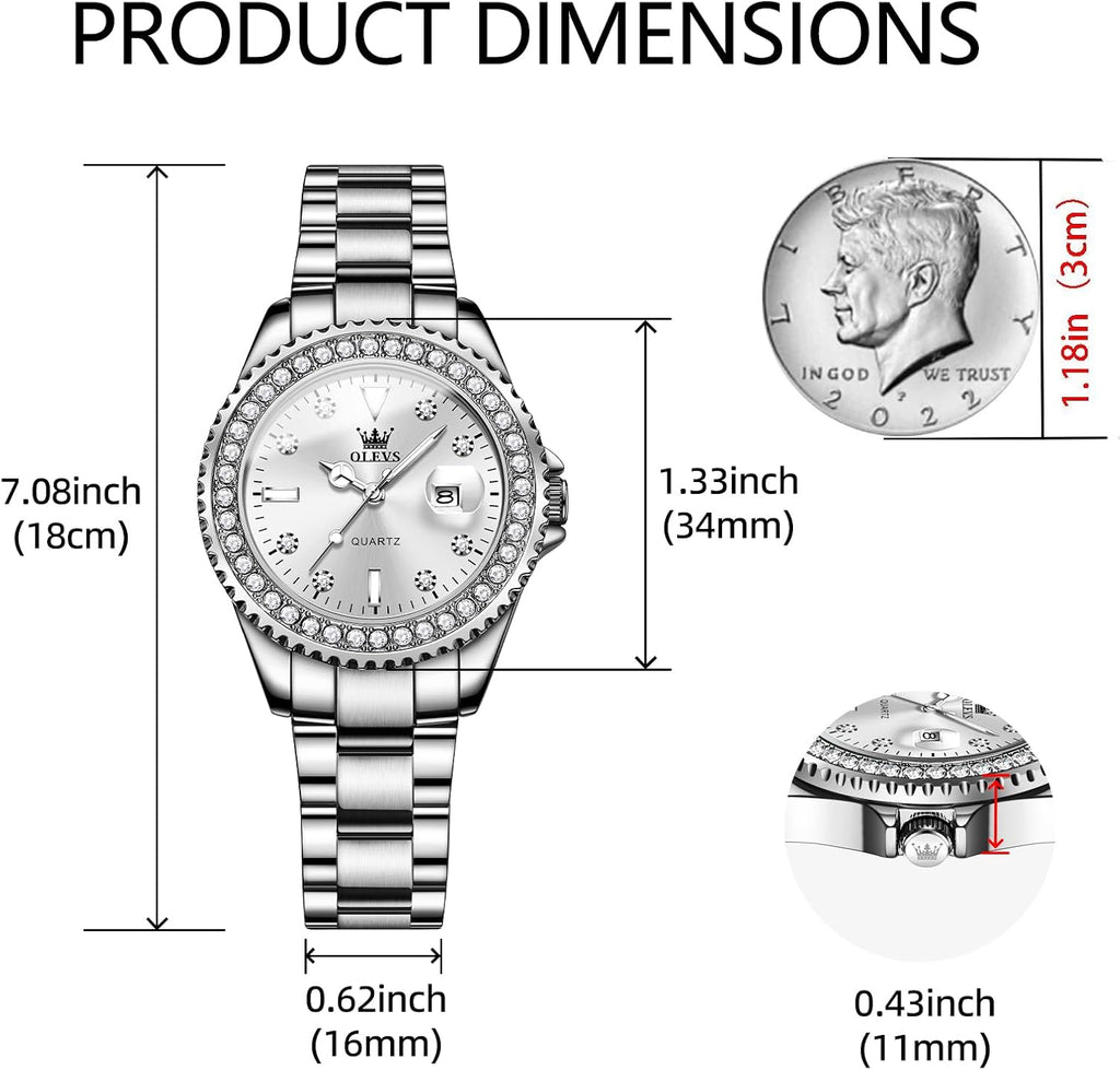 OLEVS Reloj para Mujer Plateado de Acero Inoxidable Elegante Analógico Lúmenes Visibles