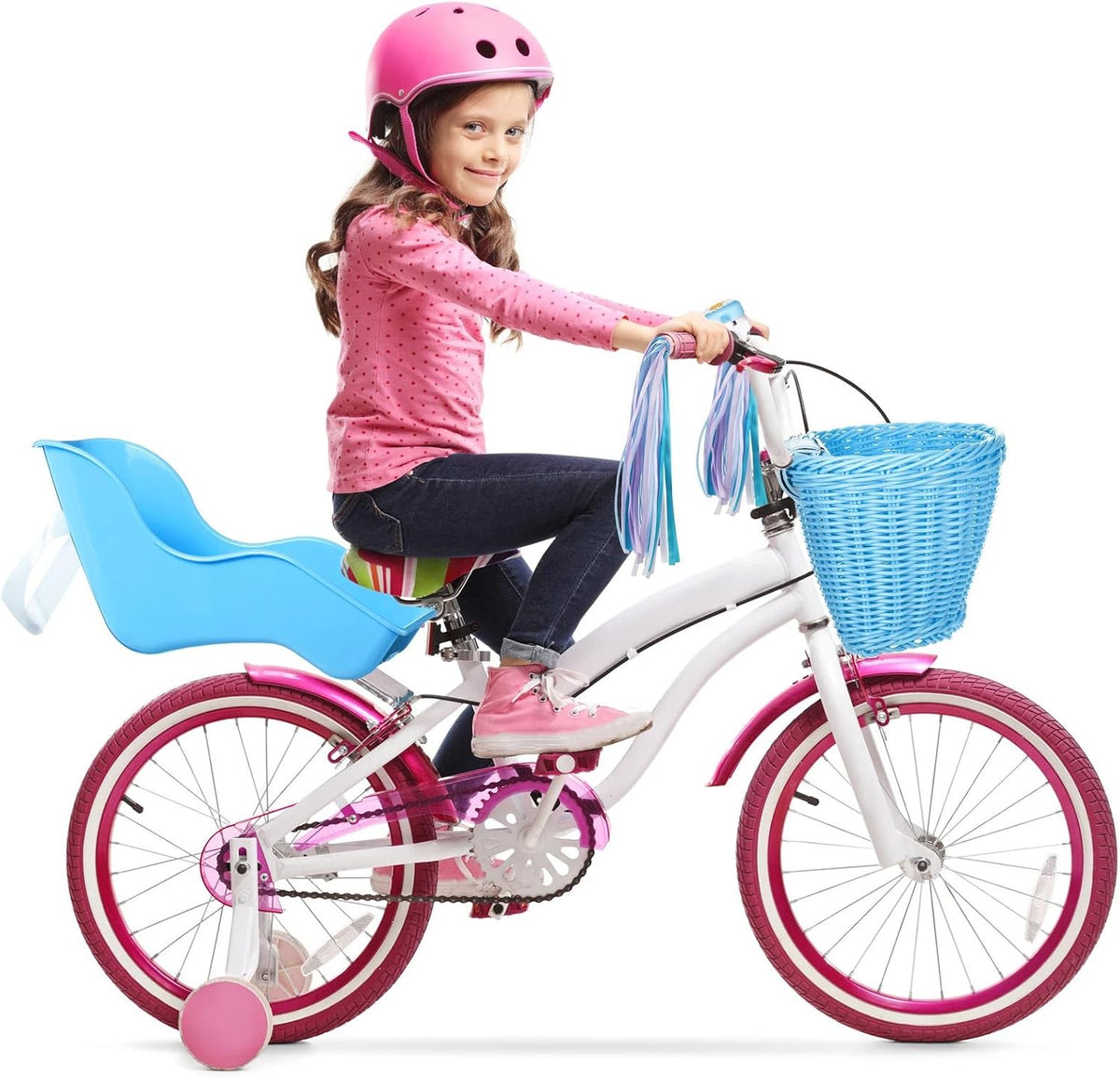 Asiento de bicicleta de muñeca con 30 calcomanías de calcomanías, cesta de bicicleta para niños, manillar de bicicleta, cintas coloridas, borla, margarita, campana de bicicleta para niñas