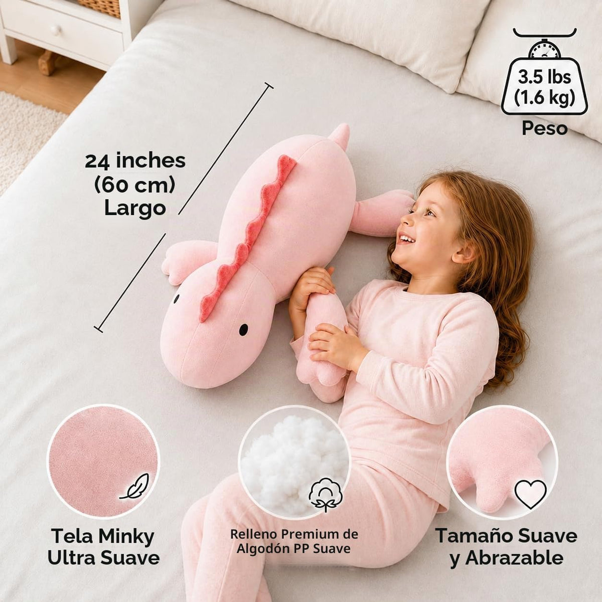 Almohada de felpa de dinosaurio con peso de 24 pulgadas, 3.5 libras, animal de peluche con peso de dinosaurio rosa, peluches para cumpleaños de niños