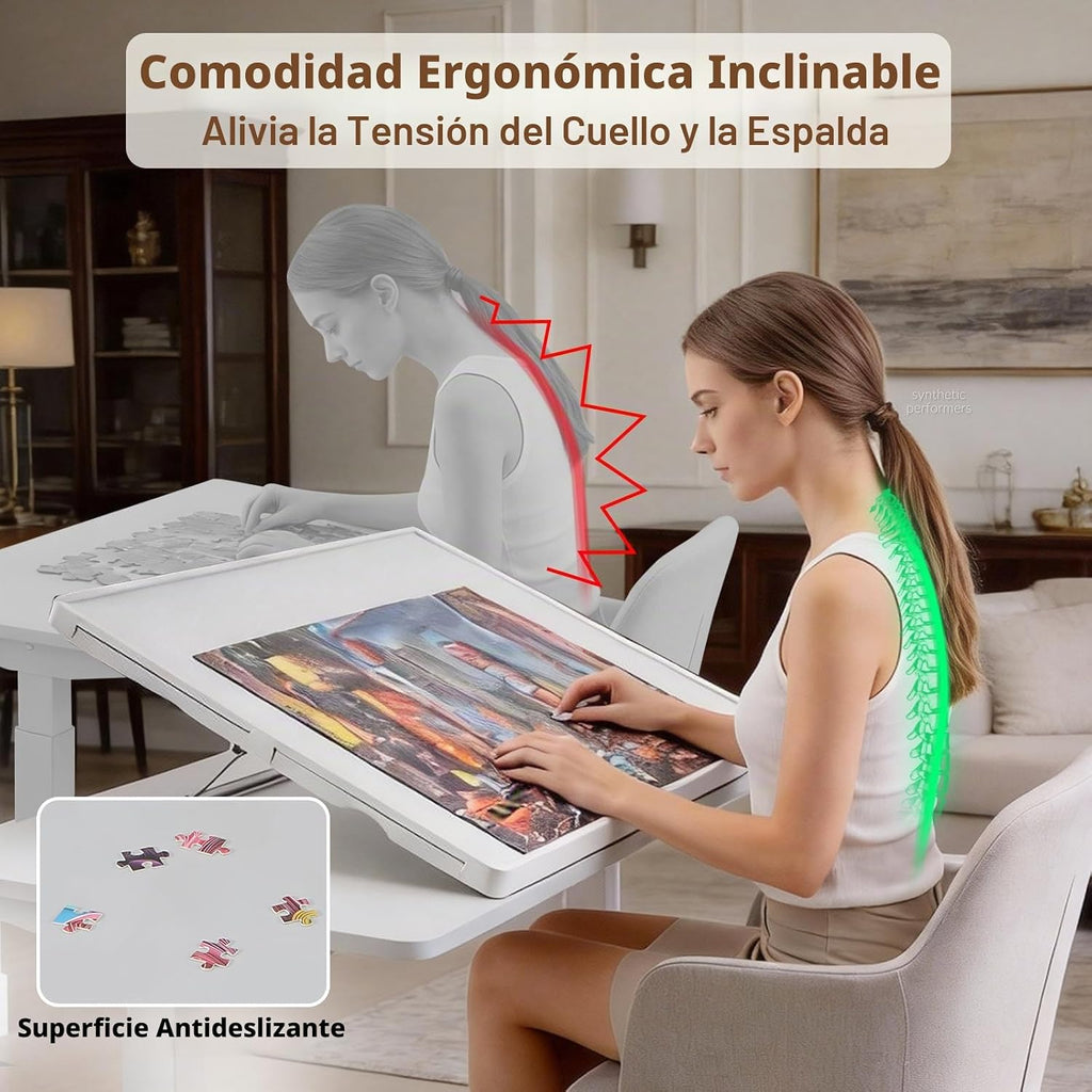 Tabla de rompecabezas ligera de 1500 piezas 2 en 1 inclinable y giratoria con cajones y cubierta, mesa de rompecabezas de plástico de 34.25 x 25.59 pulgadas, caballete de mesa portátil para adultos, ideal para rompecabezas y cuentas fusibles