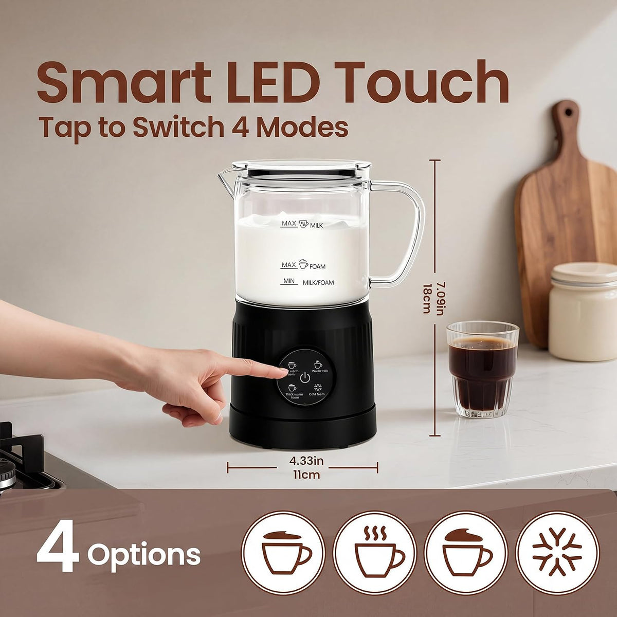 Espumador de leche 4 en 1, espumador de leche eléctrico y vaporizador con pantalla táctil LED, parte inferior de forro de cerámica, calentador de leche de 13.52 onzas para lattes, capuchinos y
