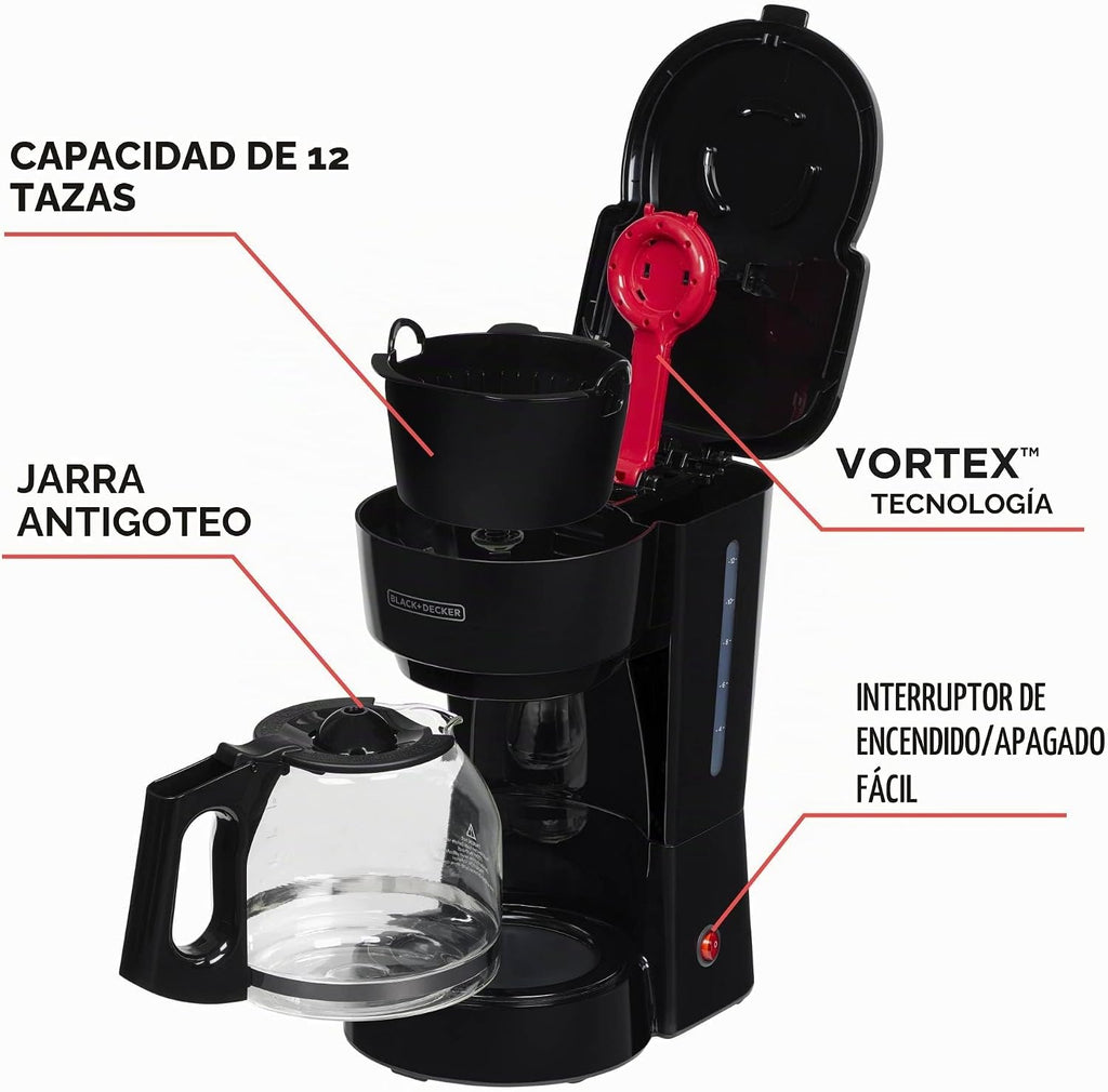 BLACK+DECKER Cafetera de café de 12 tazas con interruptor de encendido/apagado fácil, fácil de verter, jarra sin goteo con cesta de filtro extraíble, tecnología Vortex, color negro