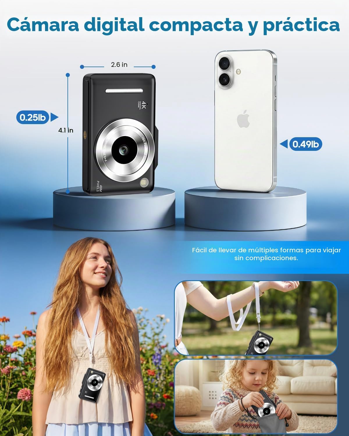 Cámara digital 4K para niños, cámara de enfoque automático de 48 MP con tarjeta de 32 GB, zoom 16X, anti-vibración, cámara compacta de punto y disparo para adolescentes principiantes, regalo de