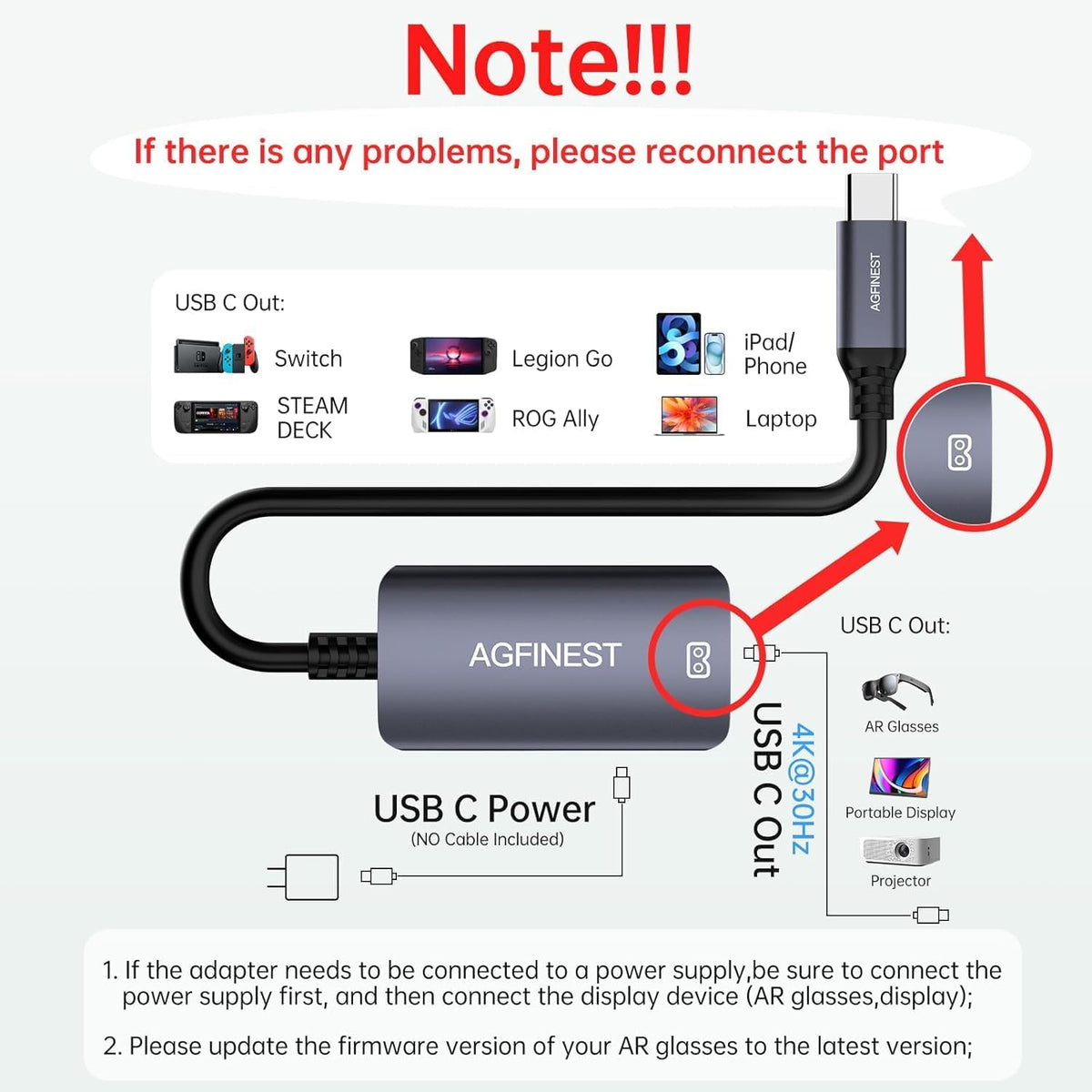 Adaptador de gafas USB C a AR Adaptador de alimentación y juego para gafas