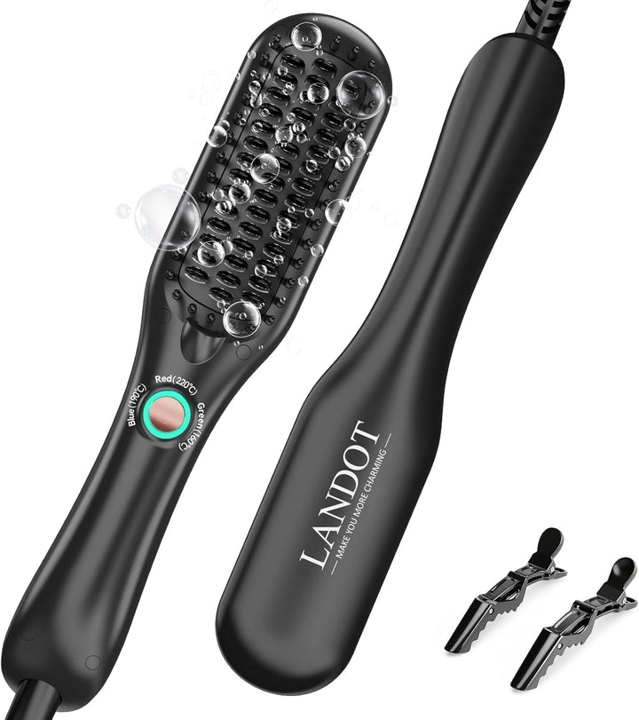 LANDOT - Mini cepillo de cerámica para alisar el cabello, doble vol...