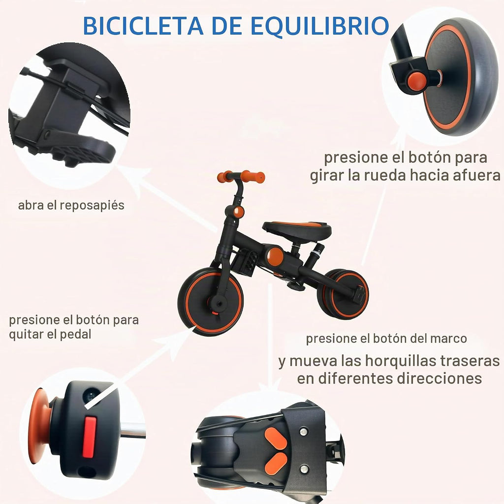 Triciclo plegable de empuje para niños pequeños con toldo, triciclo de equilibrio 8 en 1 con asa, triciclo para niños de 1 a 3 años, triciclos plegables para niños (negro)