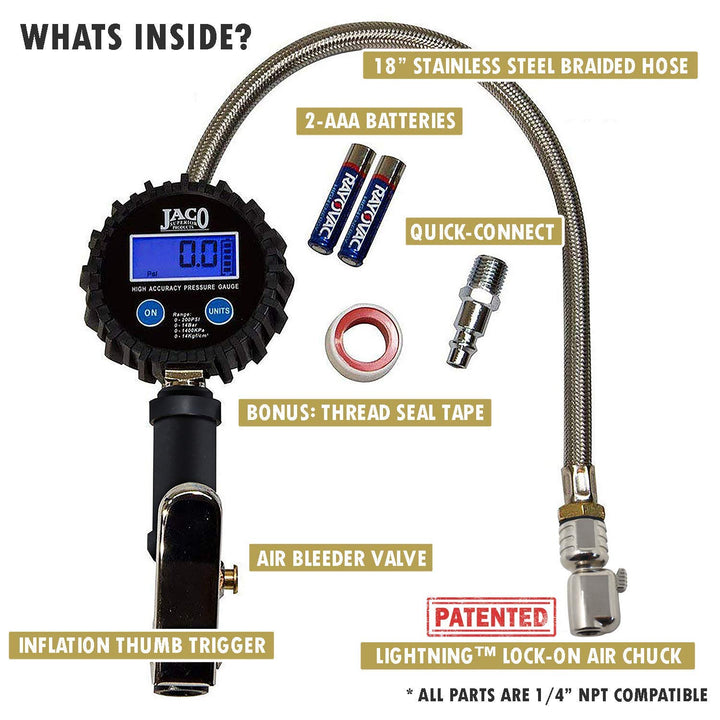 Medidor digital de inflador de neumáticos Jaco FlowPro, 200 PSI