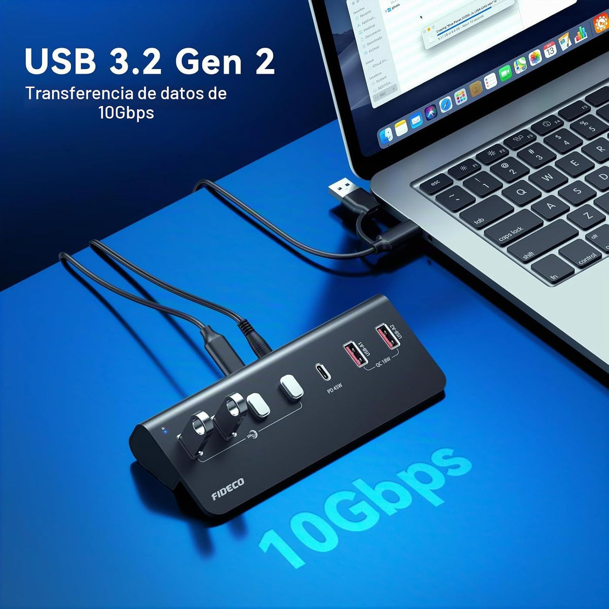 FIDECO, H7124PQ, hub USB 3.2 de 2 puertos, alimentado
