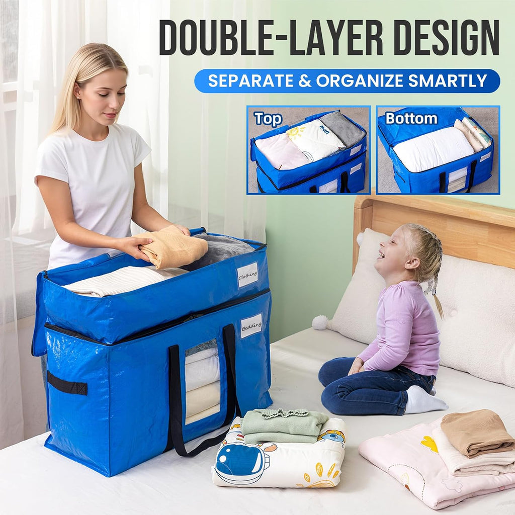 TAILI - Bolsas de mudanza extra grandes con 2 niveles, paquete de 4 bolsas azules resistentes para almacenamiento con ventana visible, asas envolventes, almacenamiento y ahorro de espacio