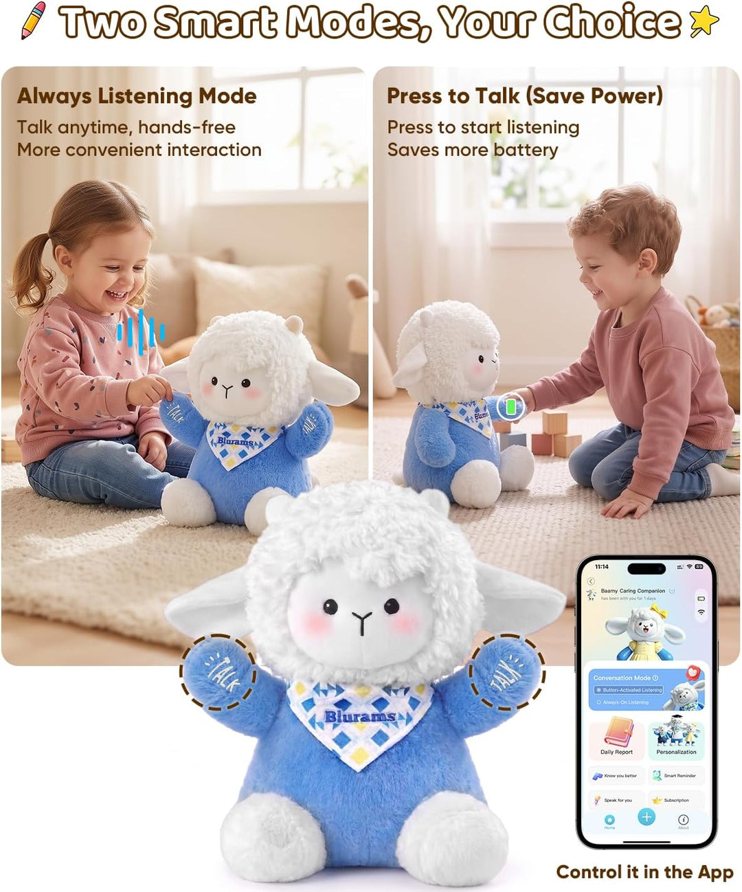 blurams Baamy - Juguete de peluche interactivo con IA para niños, p...