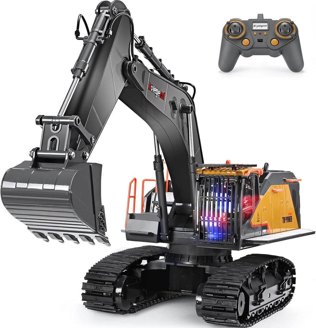 Excavadora de control remoto juguete escala 1/14 excavadora RC, actualización de 22 canales completa funcional construcción vehículos recargable RC camión con pala de metal y luces sonidos