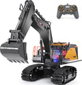 Excavadora de control remoto juguete escala 1/14 excavadora RC, actualización de 22 canales completa funcional construcción vehículos recargable RC camión con pala de metal y luces sonidos