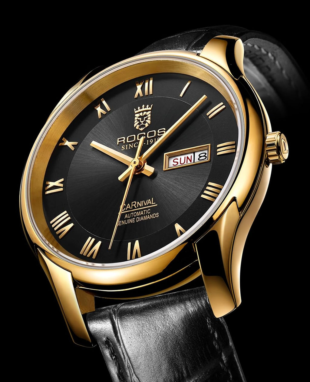 ROCOSJEWE Reloj de vestir masculino automático de cuerda automática - Caja de acero inoxidable dorado, números romanos, correa de cuero marrón, indicación de día y fecha, tapa esqueletada, reloj de pulsera de lujo para negocios, uso casual y diario