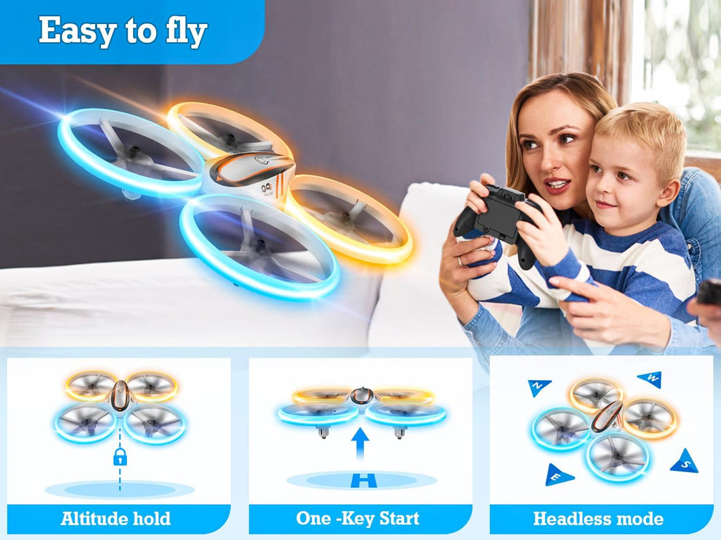 Q9s Drones para niños, dron RC genial con retención de altitud y modo sin cabeza, cuadricóptero de pasatiempos con luz azul y naranja, 2 baterías y control remoto, regalos de cumpleaños y Navidad