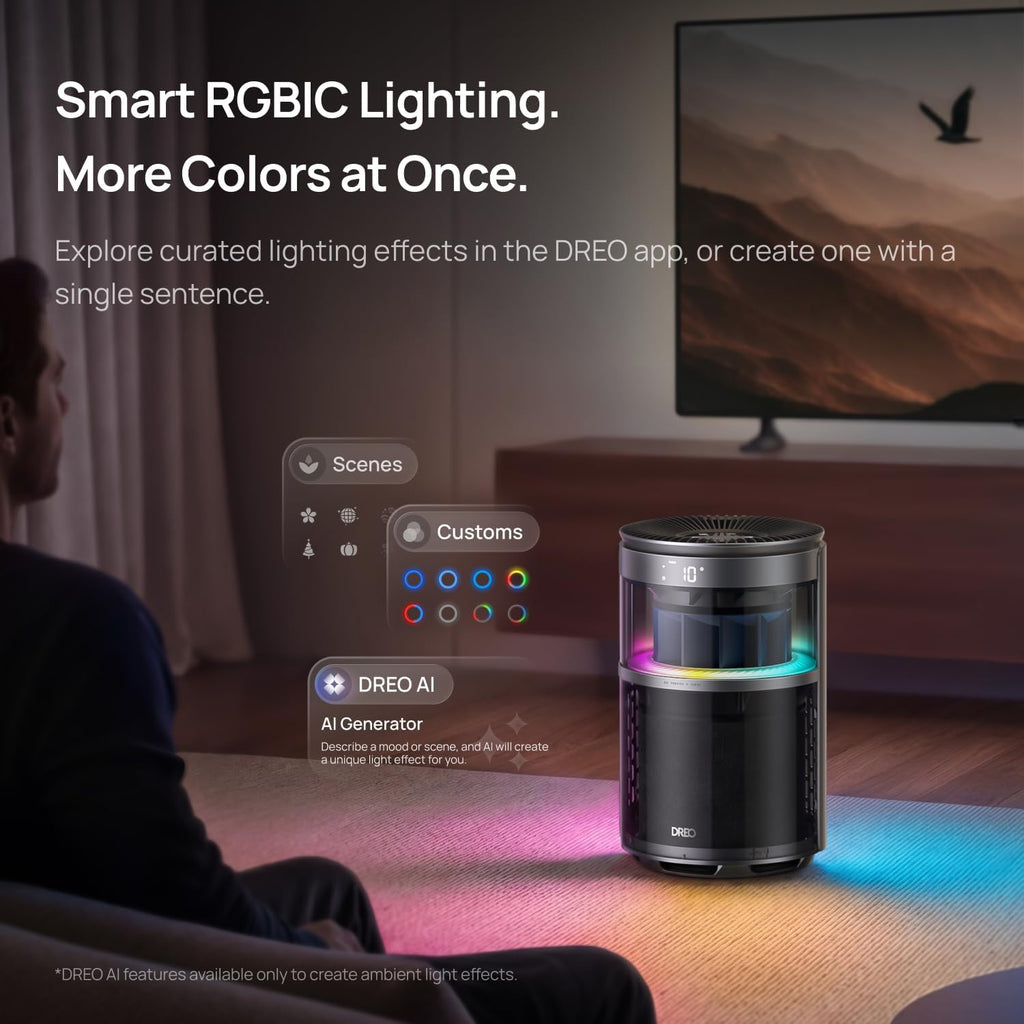 DREO Purificador de aire inteligente con luz RGBIC, limpiador de aire doméstico con Wi-Fi/Voz/Alexa, 4 velocidades y modos de sueño automático/turbo/HEPA para humo, polvo, polen, olor, monitor de