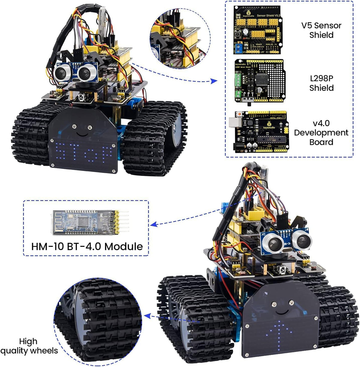 KEYESTUDIO - Kit robótico de mini tanque para Arduino, control remoto de aplicación/IR (iOS y Android), seguimiento ligero y ultrasónico, panel LED de 8 x 16 pulgadas, kit STEM para principiantes y