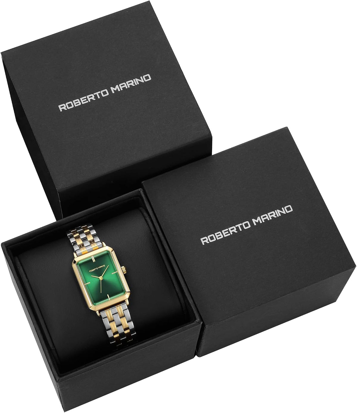 Roberto Marino RM1982 Reloj de Lujo para Mujer Rectangular en Oro – Movimiento de Cuarzo Japonés, Diseño Vintage de Acero Inoxidable, Esfera Plateada, Elegante Pieza de Vestir, Resistente al Agua 3ATM