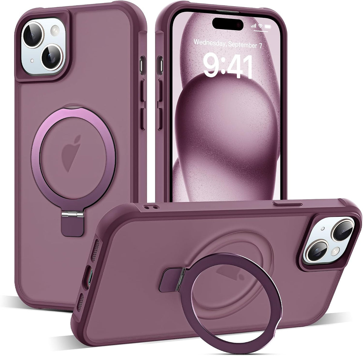 SKYLMW - Funda compatible con iPhone 15, con soporte magnético invisible tipo anillo, funda translúcida de grado militar para iPhone 15 de 6.1 pulgadas, compatible con MagSafe, rojo vino