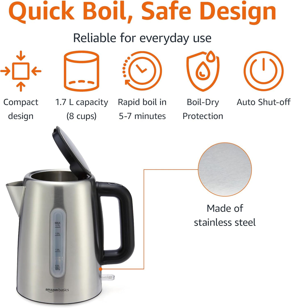 Amazon Basics Hervidor eléctrico de acero inoxidable para té y café, sin BPA, hervir rápido, apagado automático, protección contra hervor, 1.7 litros, 1500 W, negro y plateado