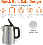 Amazon Basics Hervidor eléctrico de acero inoxidable para té y café, sin BPA, hervir rápido, apagado automático, protección contra hervor, 1.7 litros, 1500 W, negro y plateado