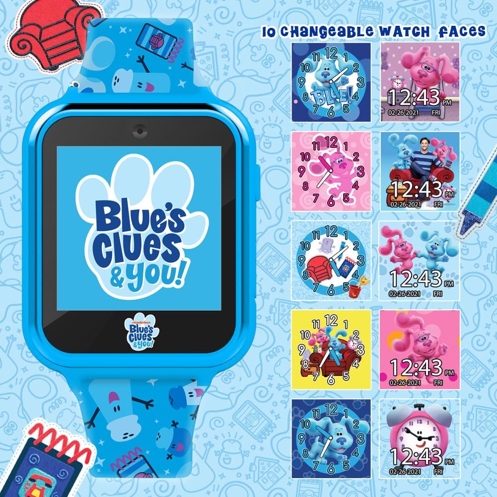 Blue's Clues & You! Reloj inteligente para niños, pantalla táctil interactiva con juegos, cámara selfie, rastreador de pasos, alarma y correa de silicona impresa, se adapta a muñecas de 5.5 a 8.0 pulgadas