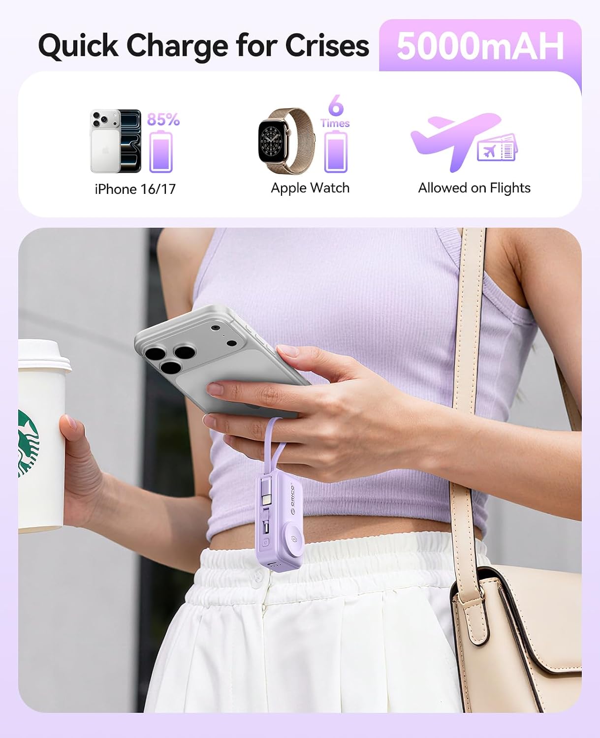 ORICO Cargador portátil con cable Lightning integrado, cargador de...