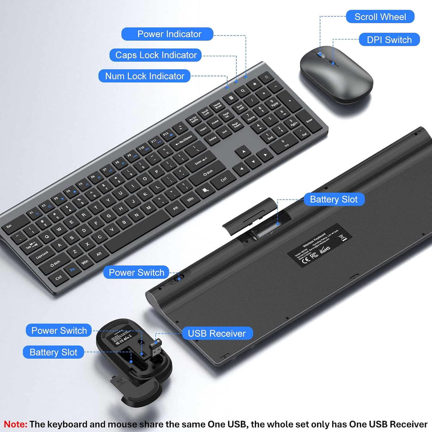 Combo de teclado y mouse inalámbricos, teclado silencioso ultra del...