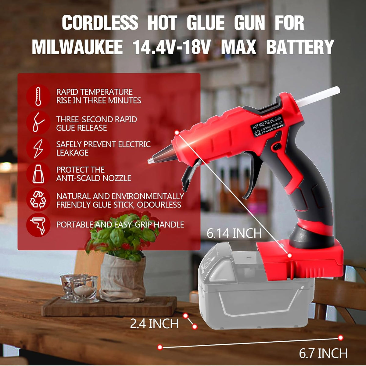 Pistola de pegamento caliente inalámbrica para batería Milwaukee de 18 V, pistola de pegamento termofusible de mano, precalentamiento rápido de 30 segundos, para artes