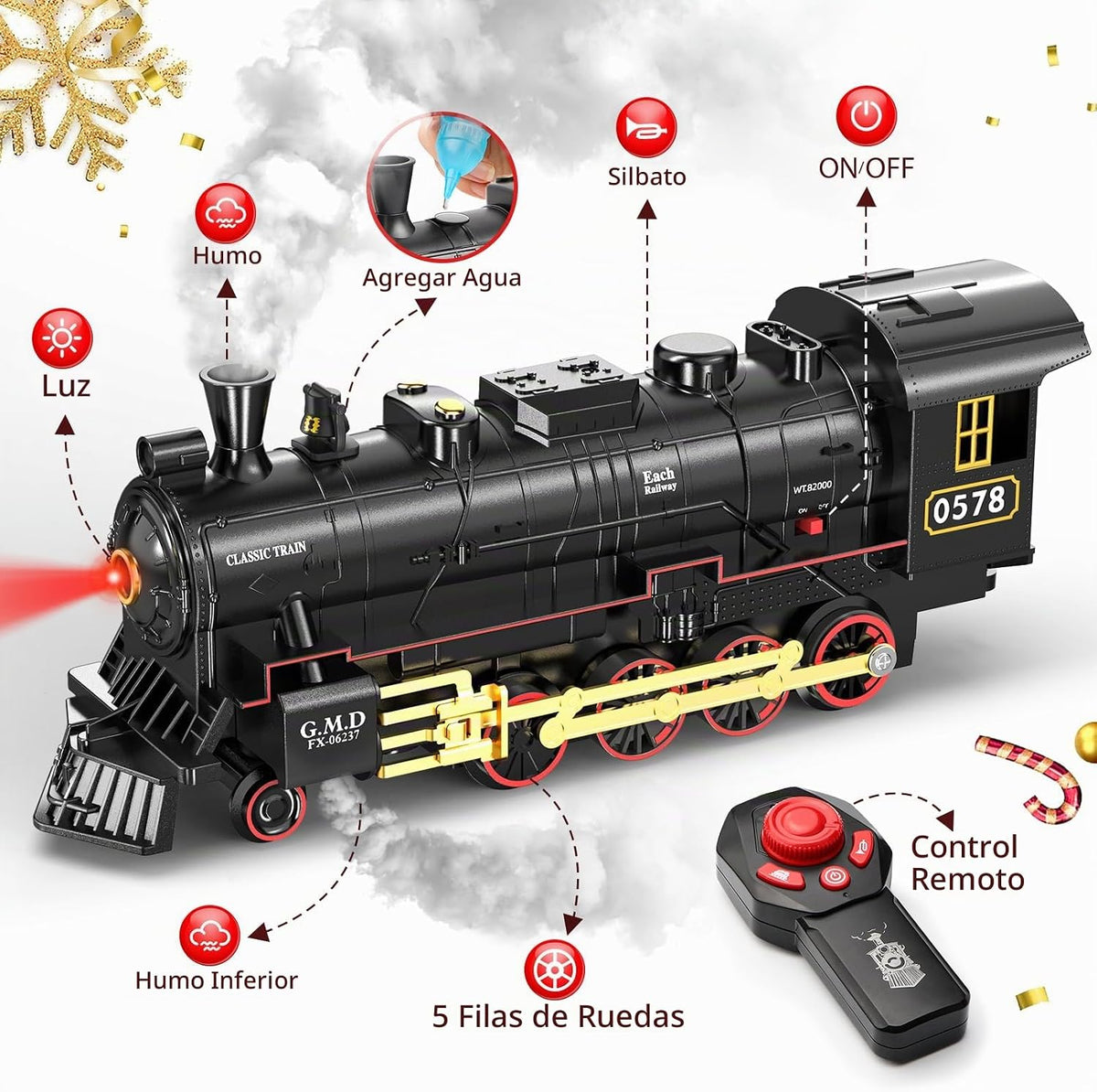 Hot Bee RC Train Set para Kids, Steam Locomotive, Light-Up Cars y Tracks