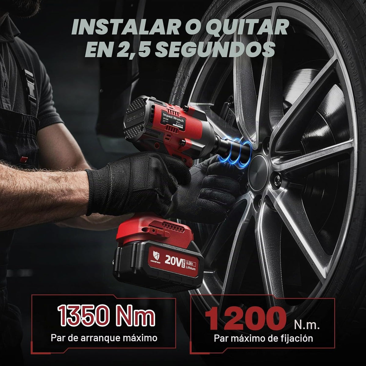 ARCCAPTAIN Llave de impacto inalámbrica de 996 pies-libras (1350 N.m