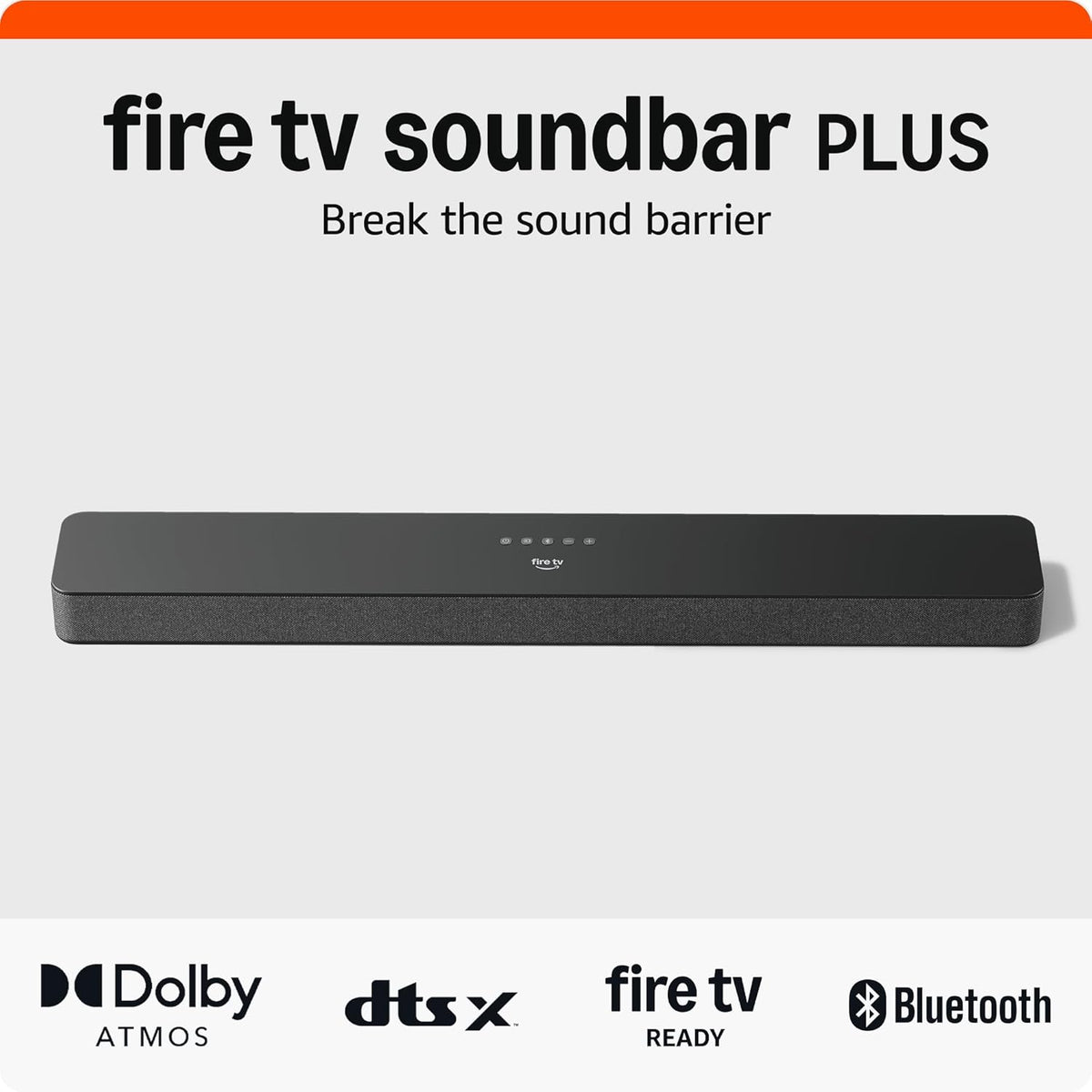 Barra de sonido Amazon Fire TV Plus (último modelo) con subwoofer incorporado, 3.1 canales, Dolby Atmos, diálogos nítidos