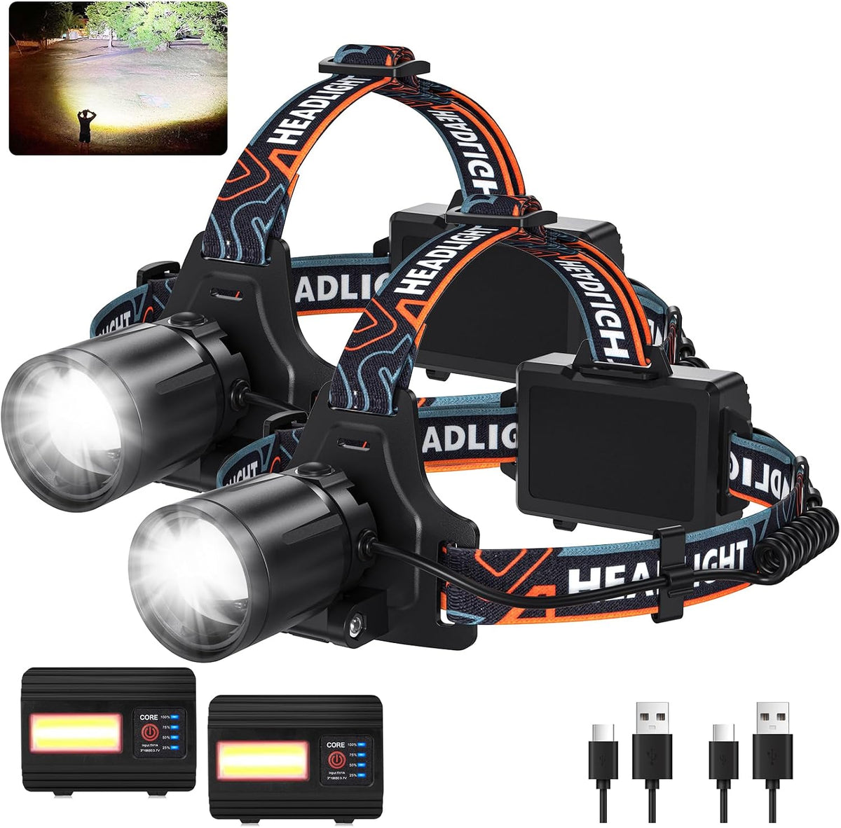 Lámpara Linterna frontal recargable súper brillante LED, paquete de 2 lámparas de cabeza 99000 LM con 7 modos, luces de cabeza ajustables de 90° para frente, 20 horas de tiempo de funcionamiento e