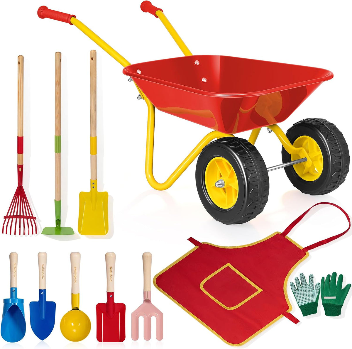 VIVOHOME Carretilla para niños 11PCS Set Niños Jardín Carro Rojo