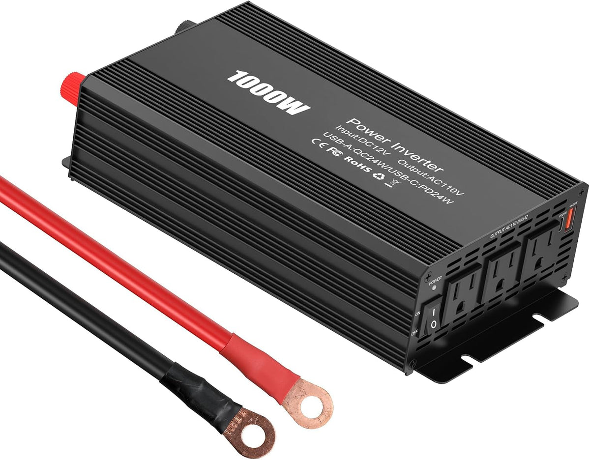Inversor de corriente para automóvil de 1000 W, 12 V-110 V CA, USB-C PD 24 W + cables de batería